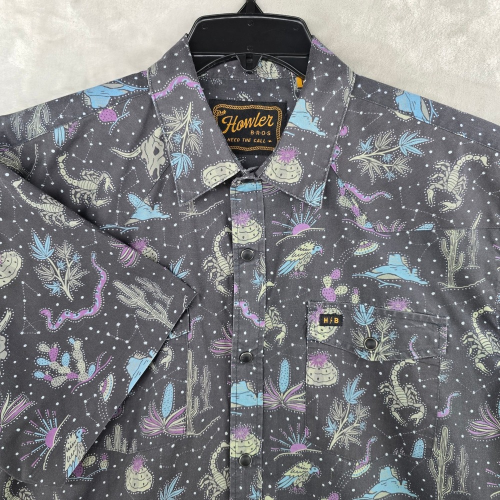 Howler Bros Shirt Mens Large Gray Desert Scorpion Cactus Pearl Snap Short Sleeve